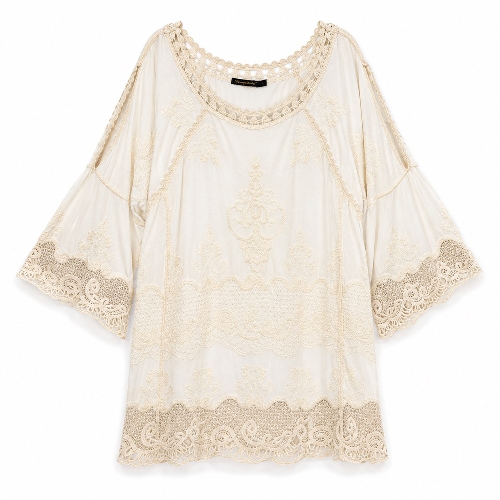 Spiaggia Dolce Ivory Embroidered Crochet Tunic Top Large Boho Romant